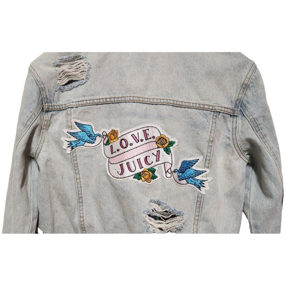 Juicy Couture Womens Y2K Denim Jean Jacket Cabana Wash Tattoo Patches Heart XS - Picture 8 of 16